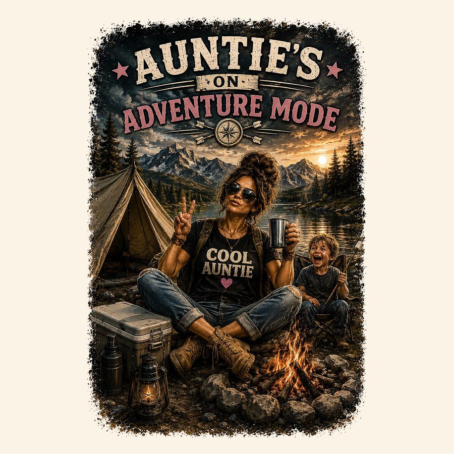 Auntie's on adventure mode cool auntie camping design by a mountain lake