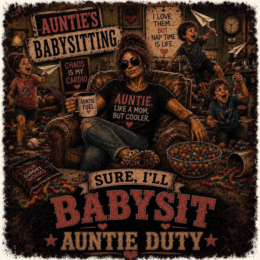 Auntie's babysitting, sure I'll babysit auntie duty design with kids and candy
