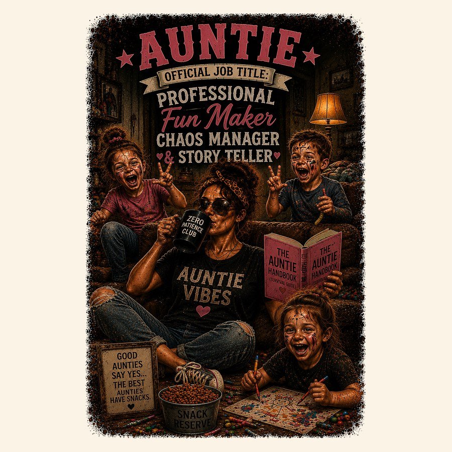 Auntie official job title professional fun maker chaos manager and story teller design