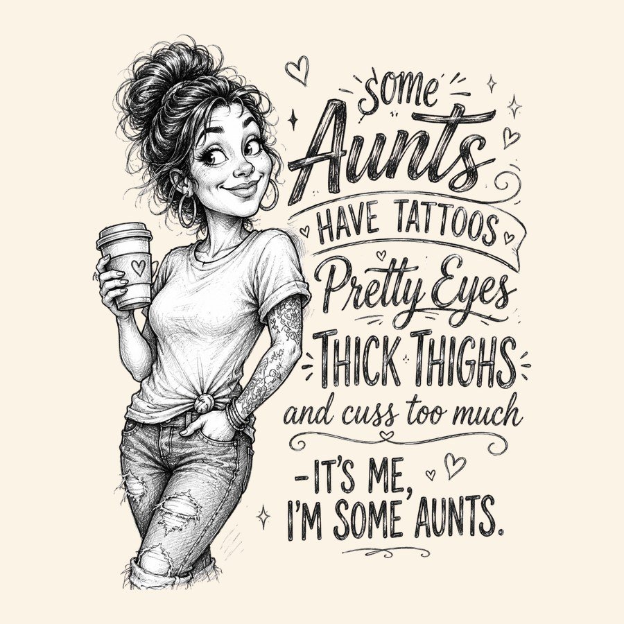 Some aunts have tattoos pretty eyes thick thighs design with illustrated aunt holding coffee