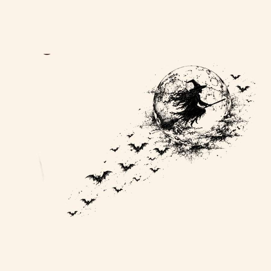 Witch streaking across the moon with a trail of bats