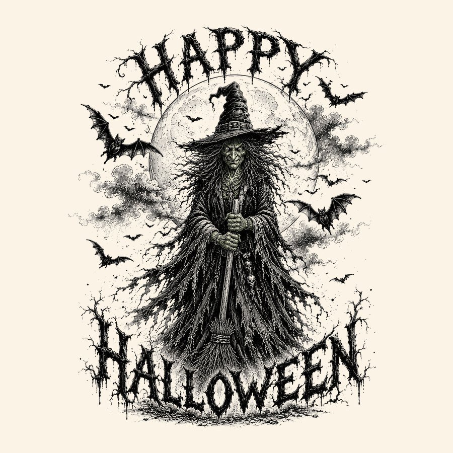 Green-faced witch with her broom beneath a spiderwebbed Happy Halloween