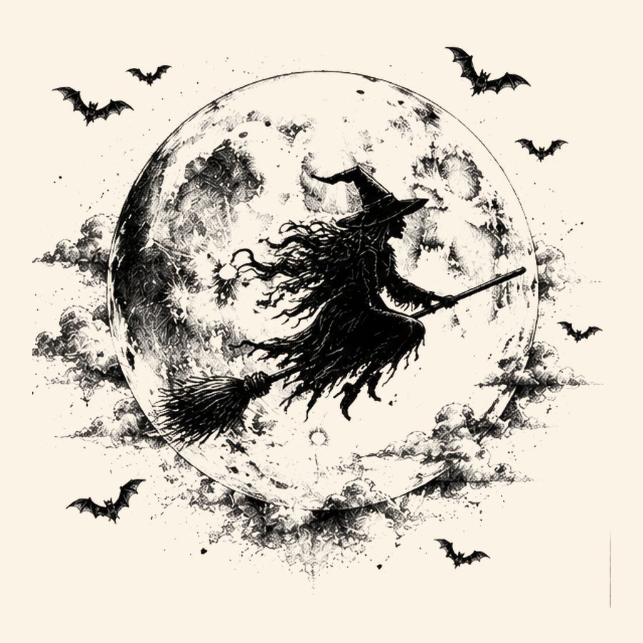 Witch flying a broom across a full moon surrounded by bats