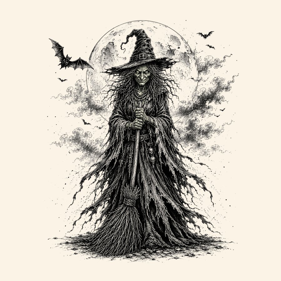 Green-faced witch standing with her broom in front of the full moon