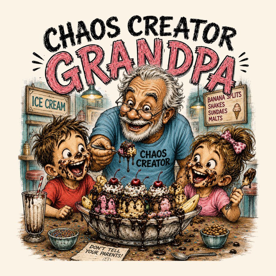 Chaos Creator Grandpa design, grandpa serving ice cream to grandkids