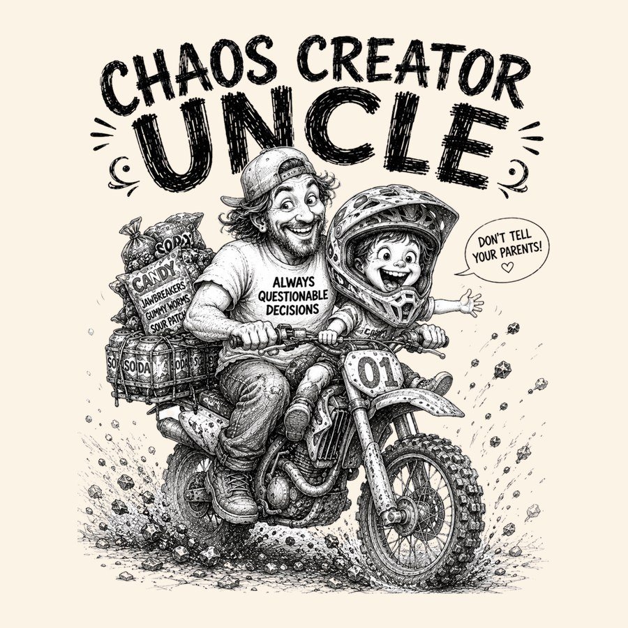 Chaos Creator Uncle dirt bike design, always questionable decisions, uncle riding a motocross bike with kids